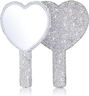 Lioaeust 2 Pcs Bling Hand Mirrors with Handle, Sparkling Rhinestone Heart Shaped Handheld Mirror, White Cute Handheld Mirr...