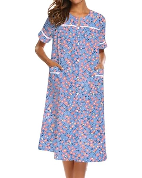 Ekouaer House Dress for Women with Pockets Button Down Duster Housecoat Short Sleeve Patio Dress Nightgown, Blue Flower, Medium