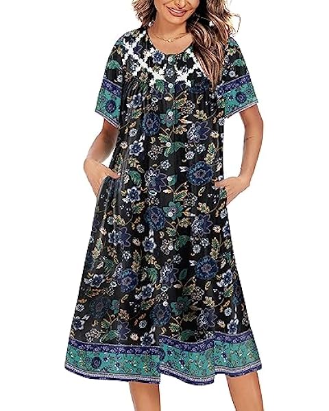 Ekouaer Women's Button Down Nightgown Short Sleeve House Dress Short House Coat Loose Duster Robe with Pockets,Navy Blue Flower,Large