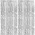 2 Pack Foil Curtain Backdrop Silver Metallic Tinsel Foil Fringe Curtains Photo Booth Props for Birthday Wedding Engagement Ba