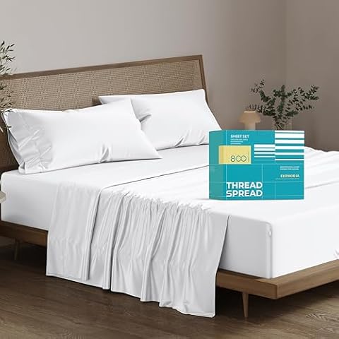 THREAD SPREAD 100% Egyptian Cotton Full Size Bed Sheets - 800 TC 4Pc White Bed Sheet for Full Size Bed, Sateen Weave Luxury Hotel Sheets, Soft Cooling Bedsheet, Fits Mattress Upto 18" Deep Pocket