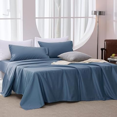 JELLYMONI Blue Sheet Set Queen Size - 4 Pieces Soft and Breathable Lyocell Cotton Blend Bed Sheets，Luxury Eucalyptus Bedding Set with Deep Pocket