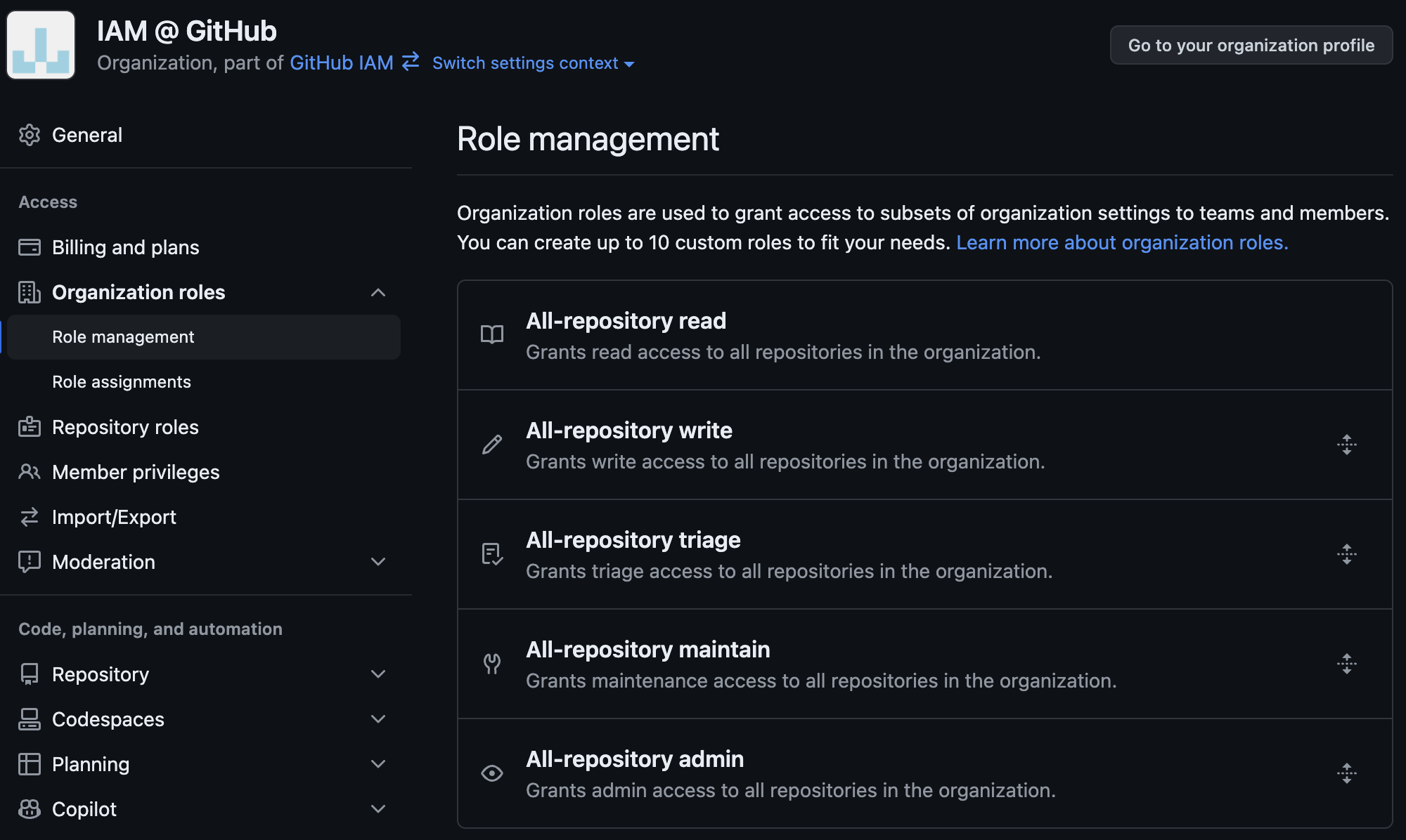 A screenshot showing the five new roles in the organization settings