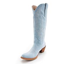 Women Cowboy Boots Faux Suede Embroidered Pointed Thick Heeled Western Wide Calf Cowgirl Ponited Toe Mid Calf Boots