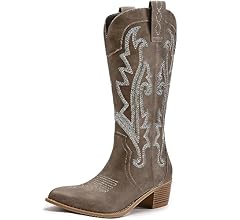 Women's Embroidered Western Cowboy Boots Fashion Pointed Toe Chunky Heel Mid Calf Cowgirl Boots