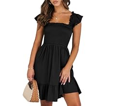 Womens Summer Casual Sleeveless Square Neck Smocked Ruffle Backless Boho Mini Dress 2024 Trendy Short Sundress