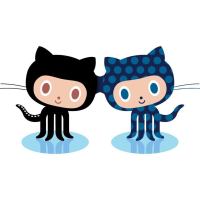 Two octocats (a cross between an octopus and a cat) attached at the head. One is the standard black GitHub mascot, the other is blue with lighter blue spots. They are smiling.