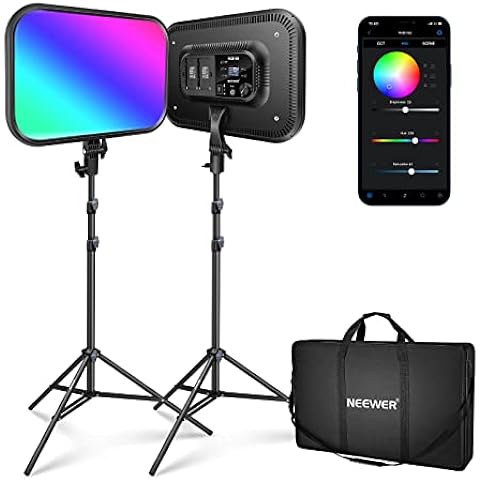 NEEWER 18.3" RGB LED Video Panel Light with App Control, 2 Pack Stand Kit, 360° Full Color/2500K~8500K/CRI97+/17 Scene Effects, 60W RGB168 Studio Lights for YouTube/Game Live Streaming/Photography