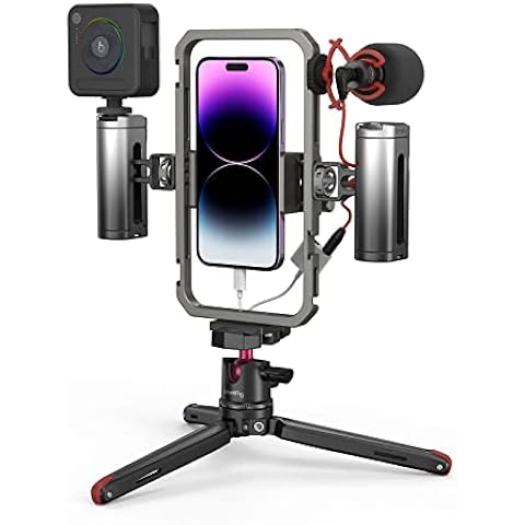 SmallRig All-in-One Video Kit Ultra Aluminum Phone Video Rig Kit w/Quick Release Tripod Wireless Control Handles RGB Light Mic for iPhone for Huawei for Tiktok YouTube Live Streaming Vlogging-3591C