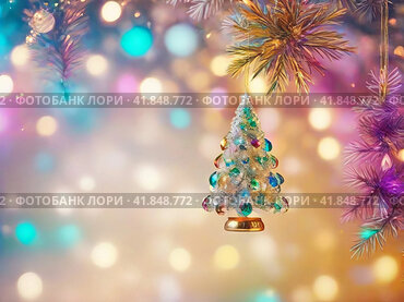 New Year's tree. Christmas tree toy, blurred background of multi-colored lights. New Year's festive atmosphere.