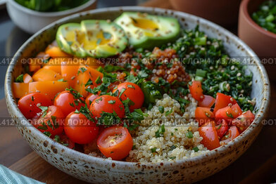 Colorful Quinoa Salad Bowl With Fresh Vegetables and Avocado on Wooden Table