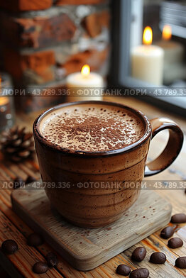 Warm Cup of Coffee With Cocoa Dust on a Wooden Table Surrounded by Candles at Twilight