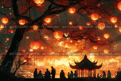 Illuminated Lanterns Hanging From Trees During a Vibrant Festival at Dusk in an Urban Setting