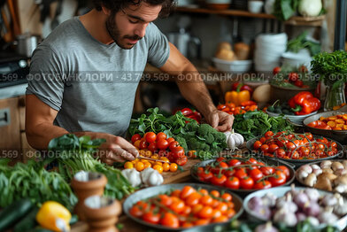 Sustainable Market Scene Featuring Man Sorting Fresh Organic Vegetables in a Rustic Kitchen