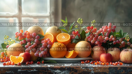 Colorful Arrangement of Fresh Fruits Displayed on a Wooden Table Near a Window in Natural Light