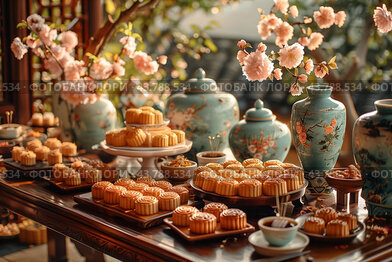 Elegant Asian Dessert Spread Featuring Mooncakes and Traditional Ceramics in a Blossoming Garden Setting