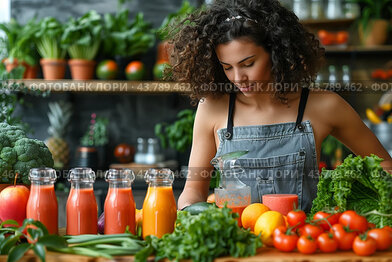 Young Woman Preparing Fresh Vegetable Juices in a Cozy Kitchen Filled With Greens