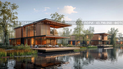 Modern Wooden Houses Surrounded By Lush Greenery At Sunset By A Serene Lake