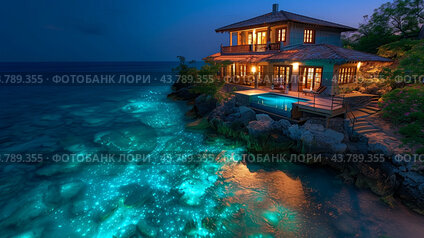 Stunning Coastal House With Illuminated Waterside at Dusk in Tropical Paradise