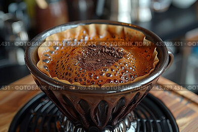 Brewing Freshly Ground Coffee in a Stylish Dripper at a Café on a Sunny Morning