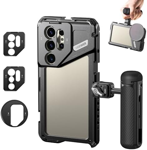 NEEWER S24 Ultra Phone Cage Stabilizer with Side Handle, 67mm Filter Adapter, 17mm Lens Backplate, T Mount Lens Adapter, Video Rig Compatible with Samsung Moment T Series Lenses, PA042+PA045S