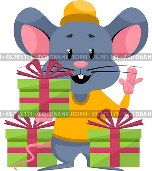 Mouse with birthday present, illustration, vector on white background.