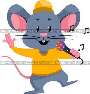 Mouse with microphone, illustration, vector on white background.