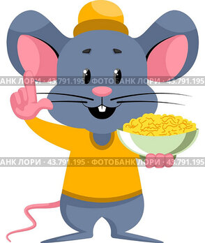 Mouse with snacks, illustration, vector on white background.