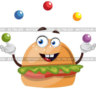 Burger juggling, illustration, vector on white background.