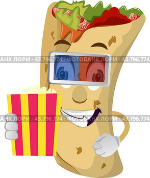 Burrito with popcorn, illustration, vector on white background.