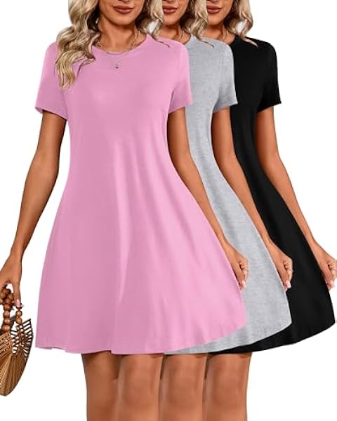 Huukeay 3 Pack Women Casual T Shirt Dresses Short Sleeve Round Neck Loose Fit Tunic Dresses Summer Swing Dress (Black, Light Gray, Pink,Small)