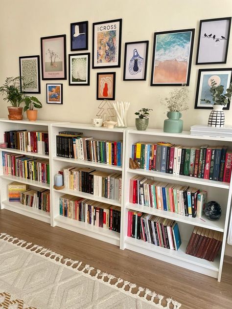 Books Interior Decor, Hallway Library Ideas Narrow, Studio Apartment Shelves, Horizontal Bookshelf Styling, Bookshelf In Living Room Layout, Short Bookshelf Ideas, Bookshelves In Hallway, At Home Library Small, Hallway Library Ideas