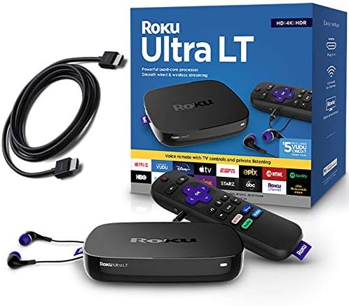 Roku Ultra LT 4K/HDR/HD Streaming Player with Enhanced Voice Remote, Ethernet, MicroSD with Premium 6FT 4K Ready HDMI Cable, Black