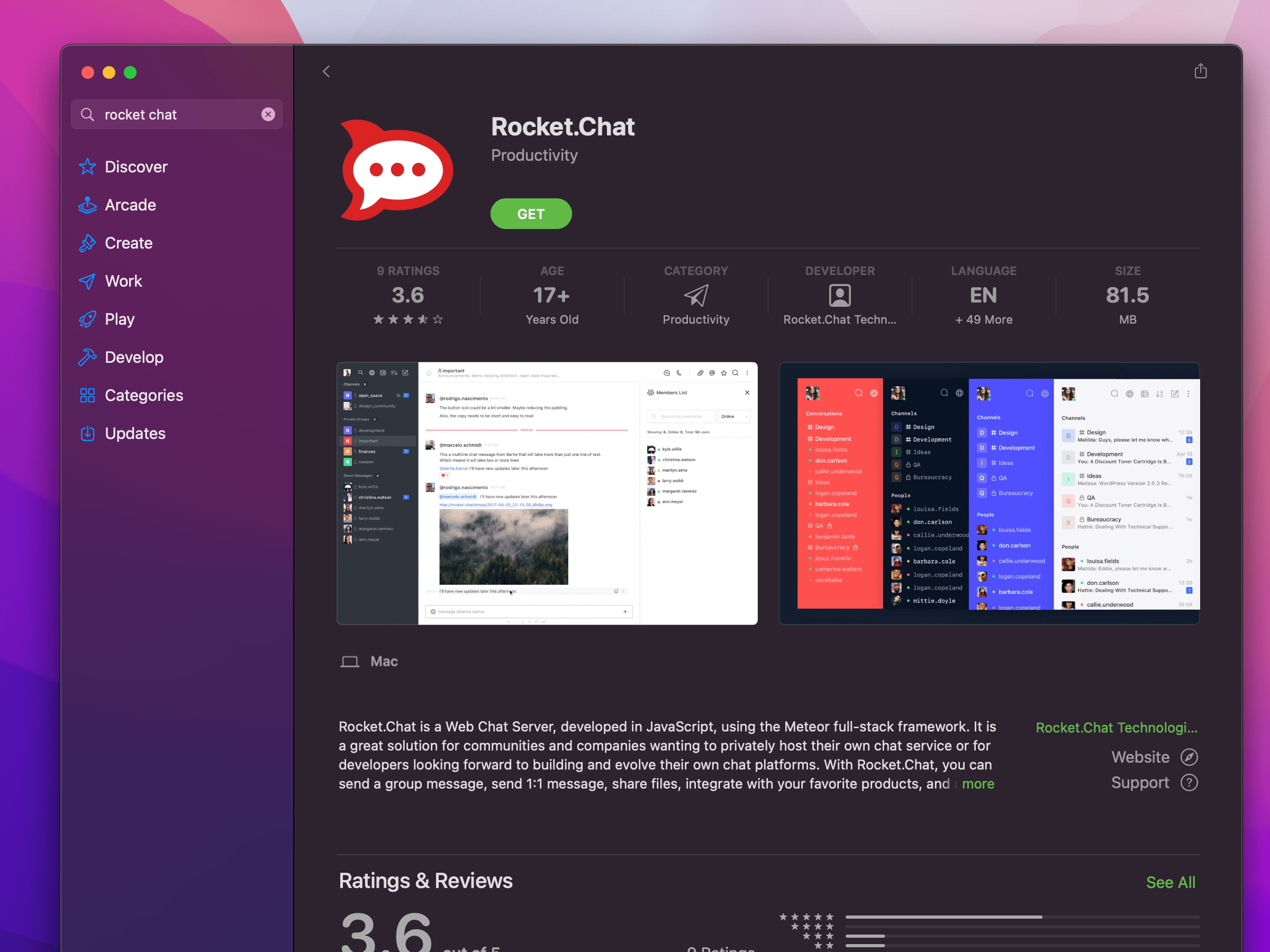 Mac App Store window open to the Rocket.Chat download page.