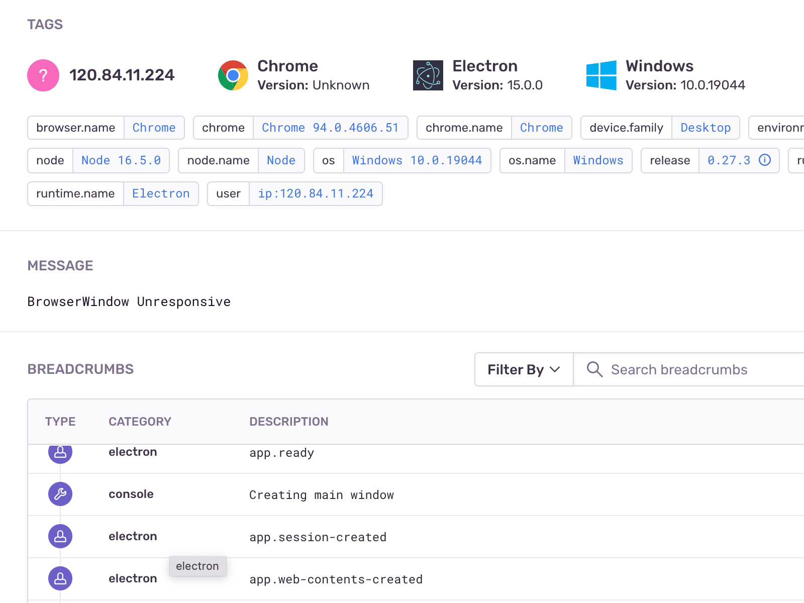 Screenshot of Sentry crash reporting (https://sentry.io). Shows the error message
              ('BrowserWindow Unresponsive'), user breadcrumbs, and user information.