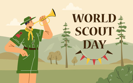 Boy wear scout uniform blows the trumpet fife, cartoon summer camp scouts fifer on nature, World scout day vector poster