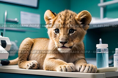 The lion cub is lying on the table for examination by a veterinarian